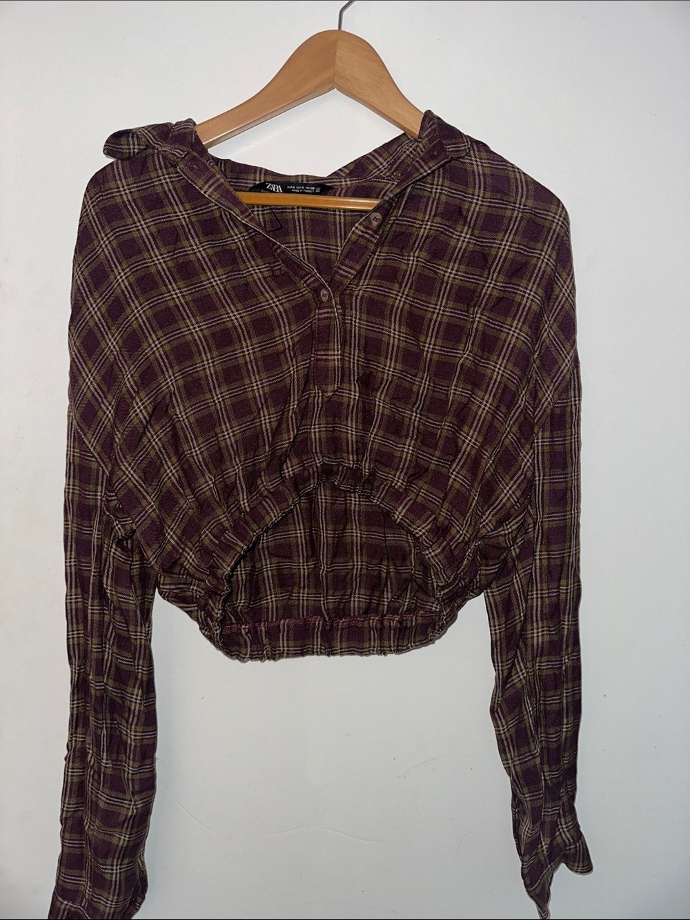 ZARA Brown Plaid Cropped Hooded Top - Picture 1 of 3